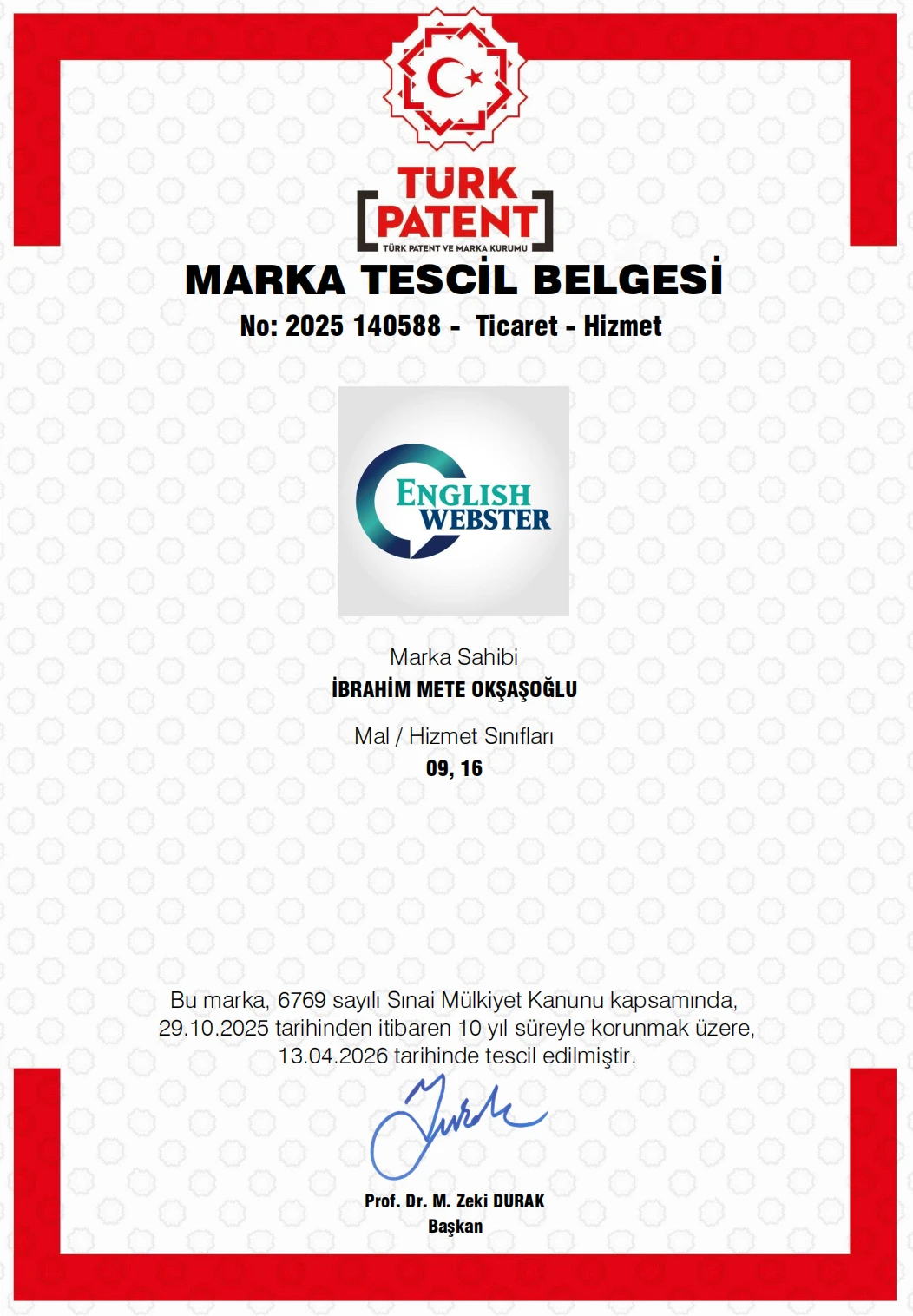 TÜRKPATENT Marka Tescil Belgesi